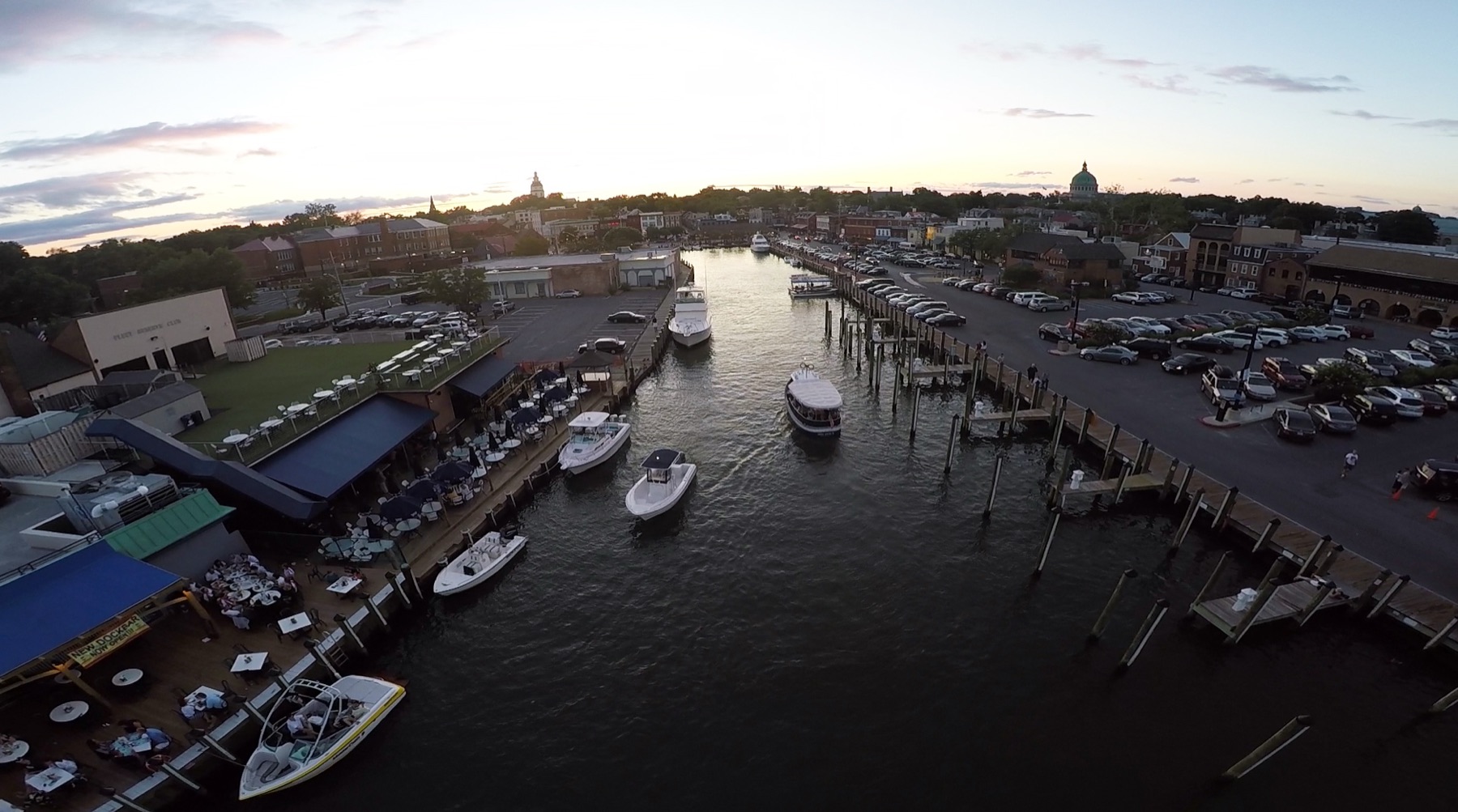 Annapolis harbor and Dock Street from above, the State House dome on the skyline